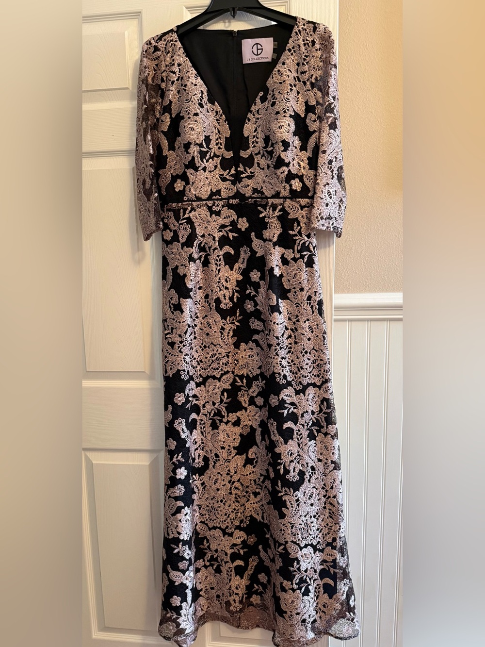 JS Collections Black and Blush Lace Long Sleeve Midi Dress